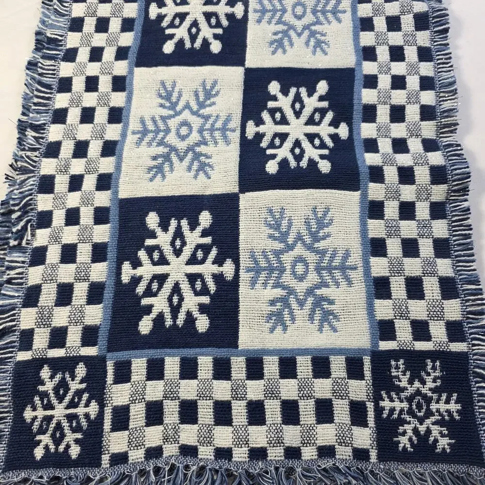 Reversible Snowflake Christmas Tapestry Table Runner Blue White 72x14 Woven